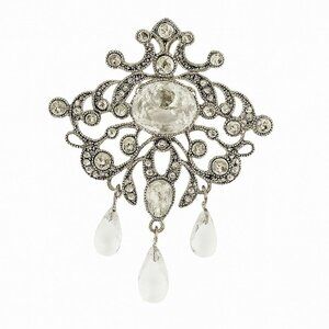 Vintage Monet Clear Crystal Teardrop Silver Victorian Brooch